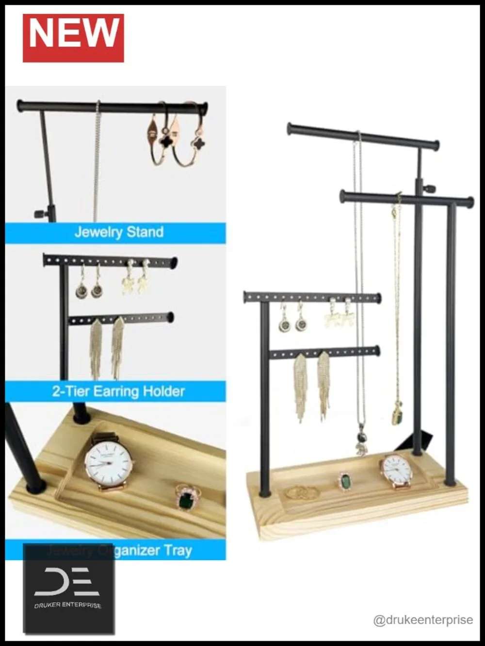 4-Tier Adjustable Jewelry Stand Necklace Earring Holder Iron Wood